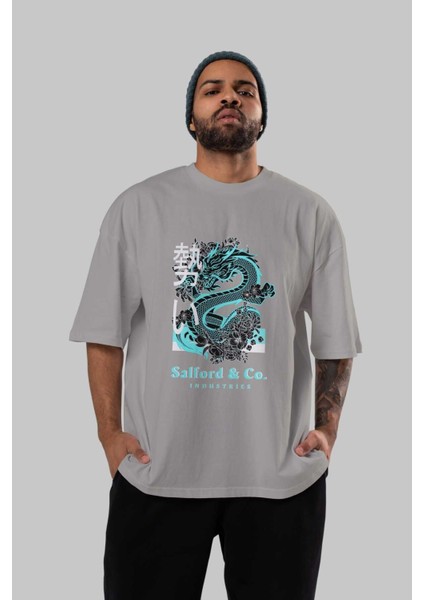 Dragon Ön Baskılı Gri Oversize T-Shirt Unisex Erkek Kadın Bisiklet Yaka indirimleri
