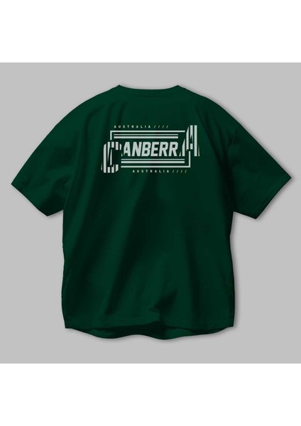 Canberra Arka Baskılı Zümrüt Yeşili Oversize T-Shirt Unisex Erkek Kadın Bisiklet Yaka modelleri