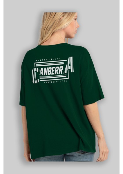 Canberra Arka Baskılı Zümrüt Yeşili Oversize T-Shirt Unisex Erkek Kadın Bisiklet Yaka fırsatları