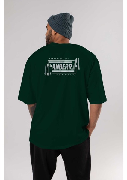 Canberra Arka Baskılı Zümrüt Yeşili Oversize T-Shirt Unisex Erkek Kadın Bisiklet Yaka indirimleri
