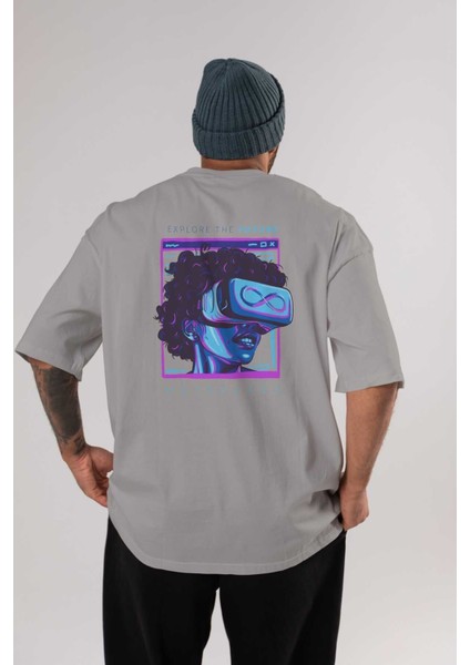Metaverse Arka Baskılı Gri Oversize T-Shirt Unisex Erkek Kadın Bisiklet Yaka