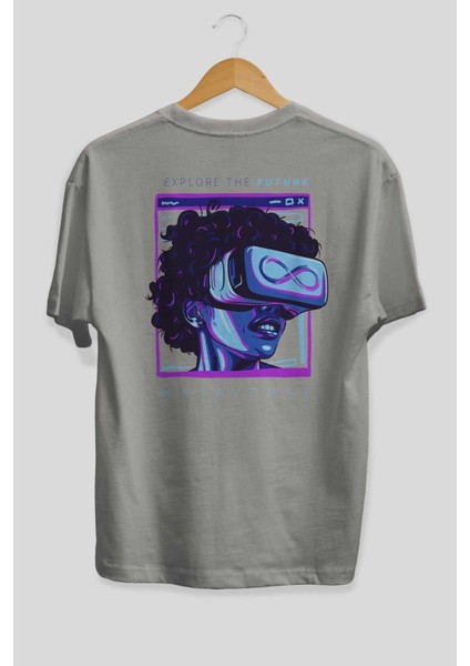 Metaverse Arka Baskılı Gri Oversize T-Shirt Unisex Erkek Kadın Bisiklet Yaka fiyatları