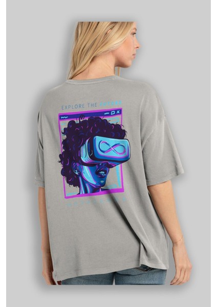 Metaverse Arka Baskılı Gri Oversize T-Shirt Unisex Erkek Kadın Bisiklet Yaka modelleri