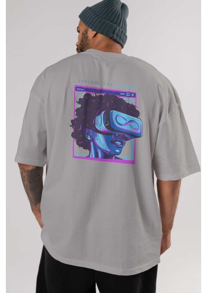 Metaverse Arka Baskılı Gri Oversize T-Shirt Unisex Erkek Kadın Bisiklet Yaka indirimleri
