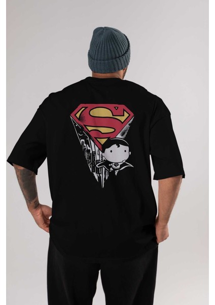 Superman Arka Baskılı Siyah Oversize T-Shirt Bisiklet Yaka Pamuk Erkek Kadın