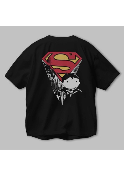 Superman Arka Baskılı Siyah Oversize T-Shirt Bisiklet Yaka Pamuk Erkek Kadın modelleri