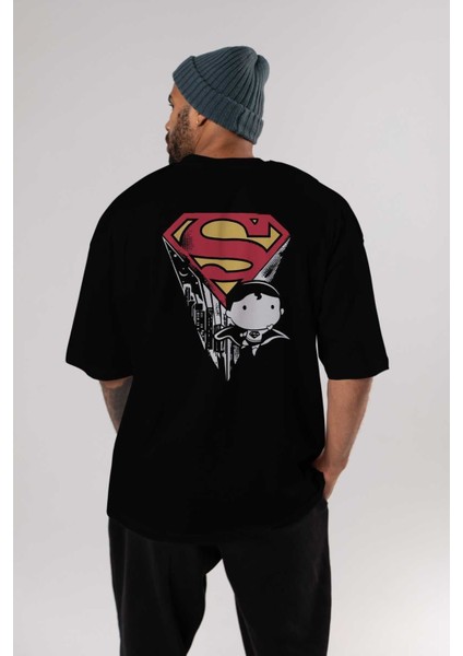 Superman Arka Baskılı Siyah Oversize T-Shirt Bisiklet Yaka Pamuk Erkek Kadın indirimleri