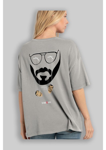 La Casa De Papel (11) Arka Baskılı Gri Oversize T-Shirt Bisiklet Yaka Pamuk Erkek Kadın modelleri
