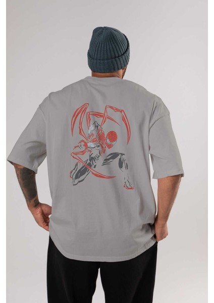 Spiderman (16) Arka Baskılı Gri Oversize T-Shirt Bisiklet Yaka Pamuk Erkek Kadın