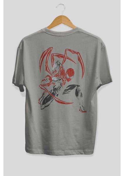 Spiderman (16) Arka Baskılı Gri Oversize T-Shirt Bisiklet Yaka Pamuk Erkek Kadın fiyatları