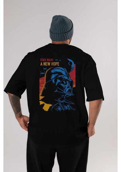 Star Wars Arka Baskılı Siyah Oversize T-Shirt Bisiklet Yaka Pamuk Erkek Kadın