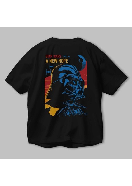 Star Wars Arka Baskılı Siyah Oversize T-Shirt Bisiklet Yaka Pamuk Erkek Kadın modelleri