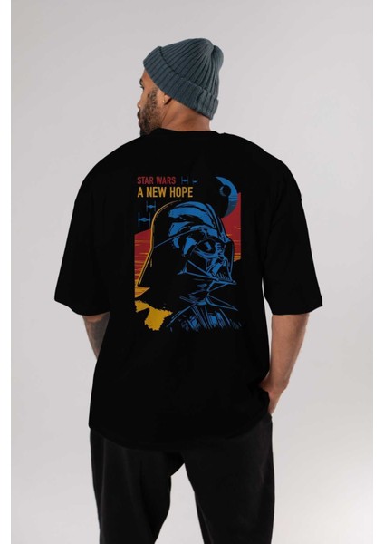 Star Wars Arka Baskılı Siyah Oversize T-Shirt Bisiklet Yaka Pamuk Erkek Kadın indirimleri