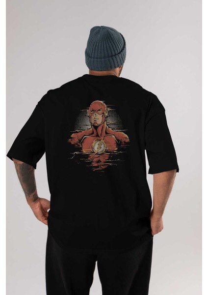 Flash Avengers Arka Baskılı Siyah Oversize T-Shirt Bisiklet Yaka Pamuk Erkek Kadın