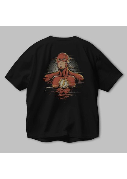 Flash Avengers Arka Baskılı Siyah Oversize T-Shirt Bisiklet Yaka Pamuk Erkek Kadın modelleri