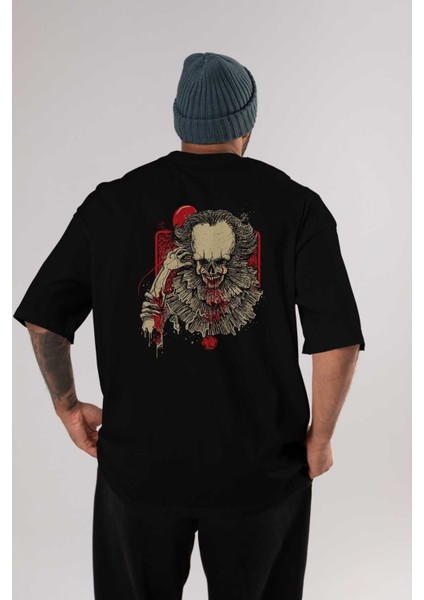 It (2) Arka Baskılı Siyah Oversize T-Shirt Bisiklet Yaka Pamuk Erkek Kadın