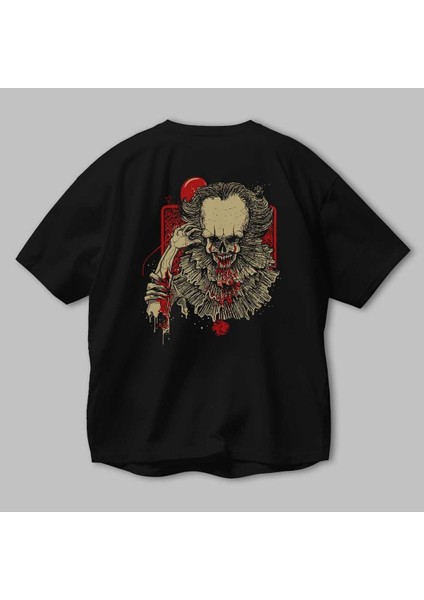 It (2) Arka Baskılı Siyah Oversize T-Shirt Bisiklet Yaka Pamuk Erkek Kadın modelleri