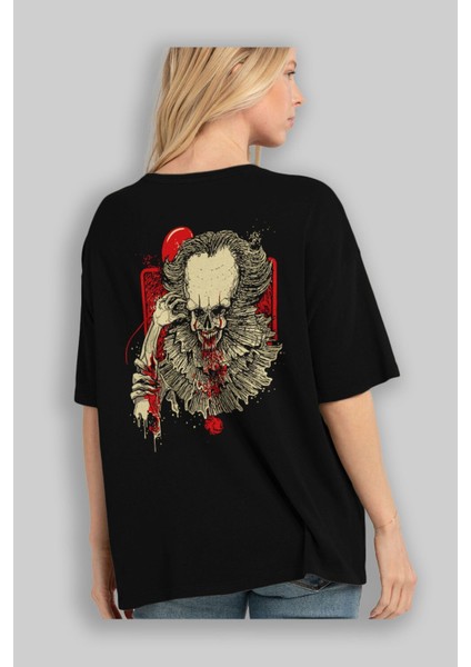 It (2) Arka Baskılı Siyah Oversize T-Shirt Bisiklet Yaka Pamuk Erkek Kadın fırsatları