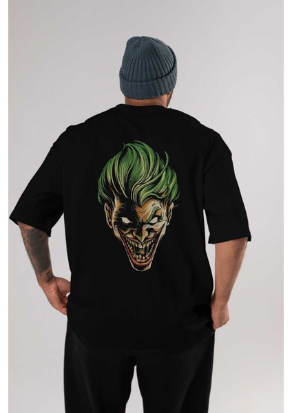 Joker (3) Arka Baskılı Siyah Oversize T-Shirt Bisiklet Yaka Pamuk Erkek Kadın