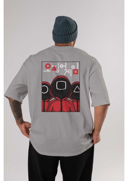 Squid Game (7) Arka Baskılı Gri Oversize T-Shirt Bisiklet Yaka Pamuk Erkek Kadın