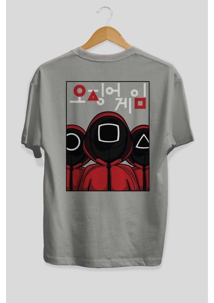 Squid Game (7) Arka Baskılı Gri Oversize T-Shirt Bisiklet Yaka Pamuk Erkek Kadın