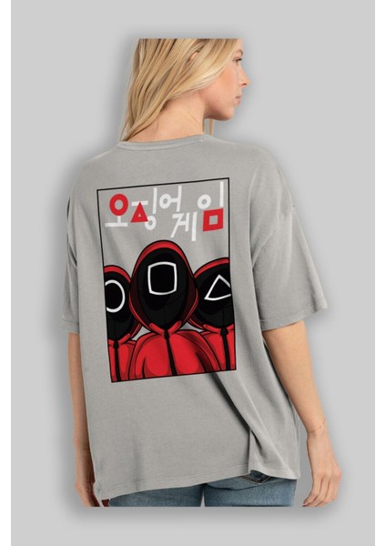 Squid Game (7) Arka Baskılı Gri Oversize T-Shirt Bisiklet Yaka Pamuk Erkek Kadın