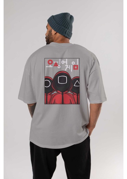 Squid Game (7) Arka Baskılı Gri Oversize T-Shirt Bisiklet Yaka Pamuk Erkek Kadın