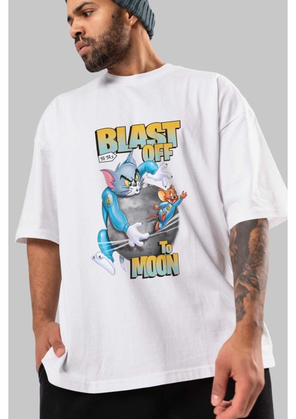 Tom ve Jerry Ön Baskılı Beyaz Oversize T-Shirt Bisiklet Yaka Erkek Kadın modelleri