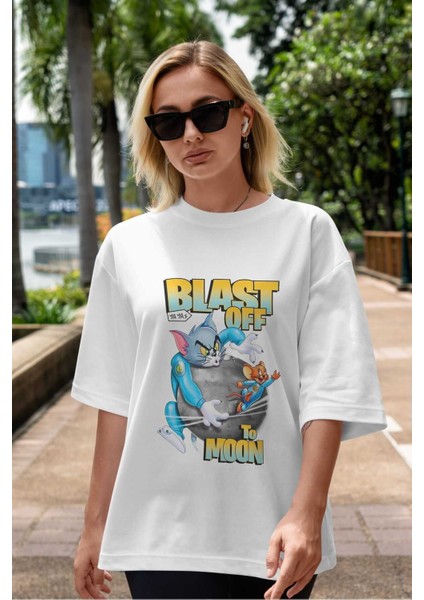 Tom ve Jerry Ön Baskılı Beyaz Oversize T-Shirt Bisiklet Yaka Erkek Kadın indirimleri