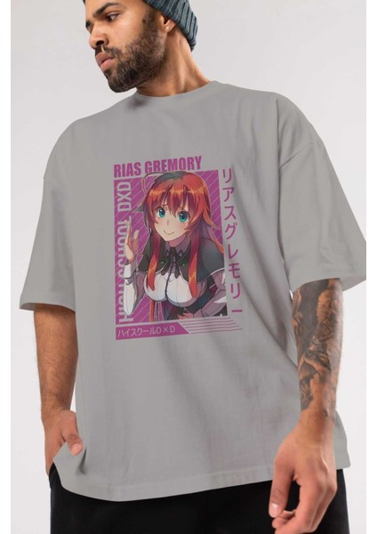 Rias Gremory 10 Anime Ön Baskılı Gri Oversize T-Shirt %100 Pamuk Erkek Kadın modelleri