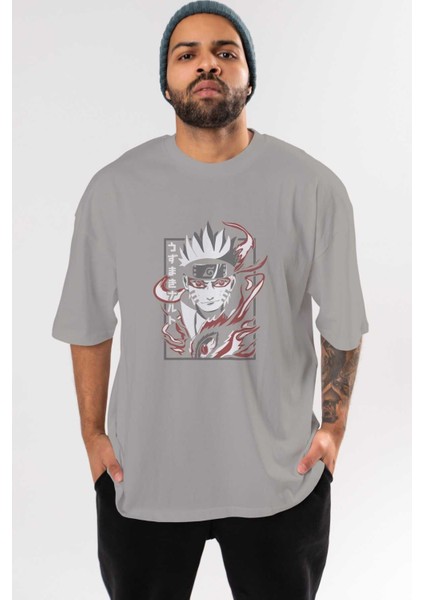 Narutomod Anime Ön Baskılı Gri Oversize T-Shirt %100 Pamuk Erkek Kadın
