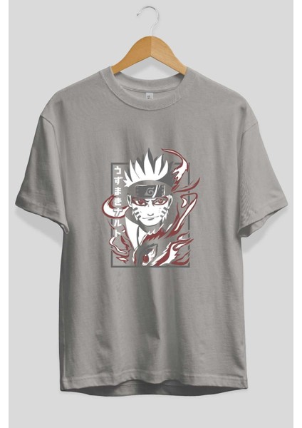 Narutomod Anime Ön Baskılı Gri Oversize T-Shirt %100 Pamuk Erkek Kadın fiyatları