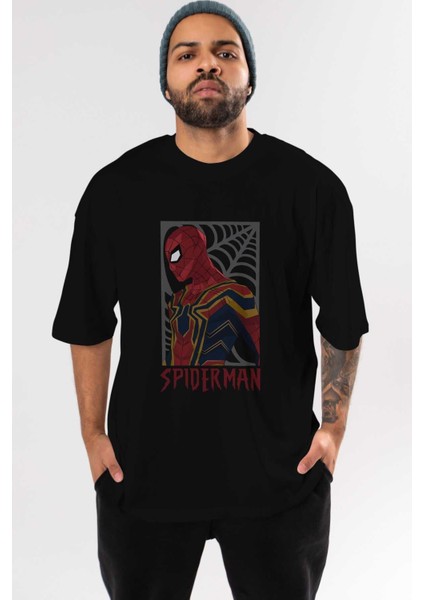 Spiderman (8) Ön Baskılı Siyah Oversize T-Shirt Bisiklet Yaka Erkek Kadın