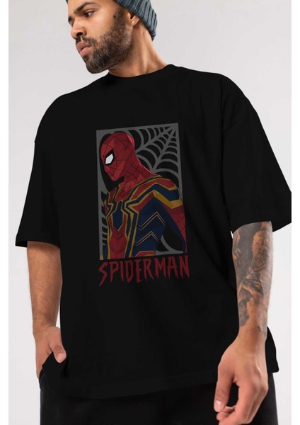 Spiderman (8) Ön Baskılı Siyah Oversize T-Shirt Bisiklet Yaka Erkek Kadın modelleri