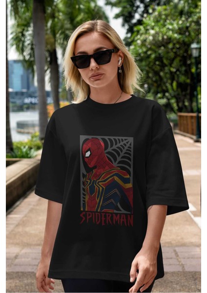 Spiderman (8) Ön Baskılı Siyah Oversize T-Shirt Bisiklet Yaka Erkek Kadın indirimleri