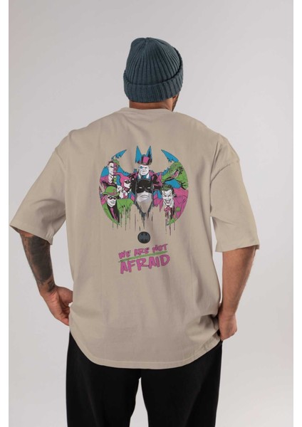 Batman Joker Arka Baskılı Bej Oversize T-Shirt Bisiklet Yaka Pamuk Erkek Kadın