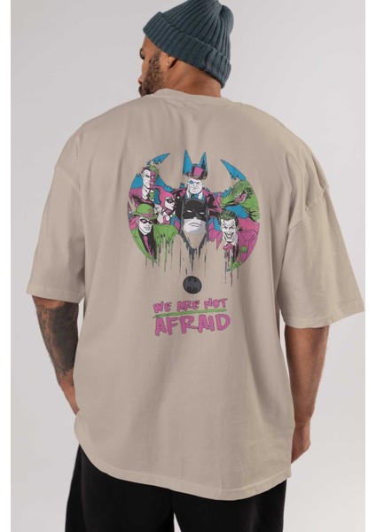 Batman Joker Arka Baskılı Bej Oversize T-Shirt Bisiklet Yaka Pamuk Erkek Kadın indirimleri
