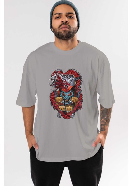 Trıbal Anime Ön Baskılı Gri Oversize T-Shirt %100 Pamuk Erkek Kadın