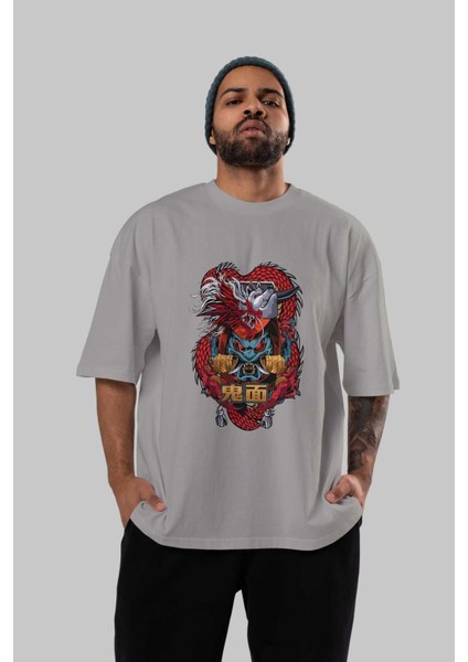 Trıbal Anime Ön Baskılı Gri Oversize T-Shirt %100 Pamuk Erkek Kadın indirimleri