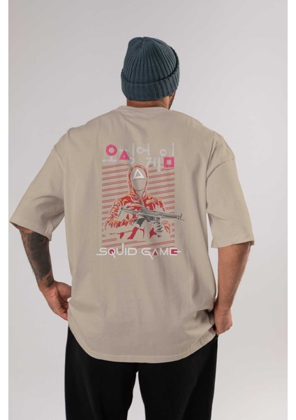 Squid Game (2) Arka Baskılı Bej Oversize T-Shirt Bisiklet Yaka Pamuk Erkek Kadın