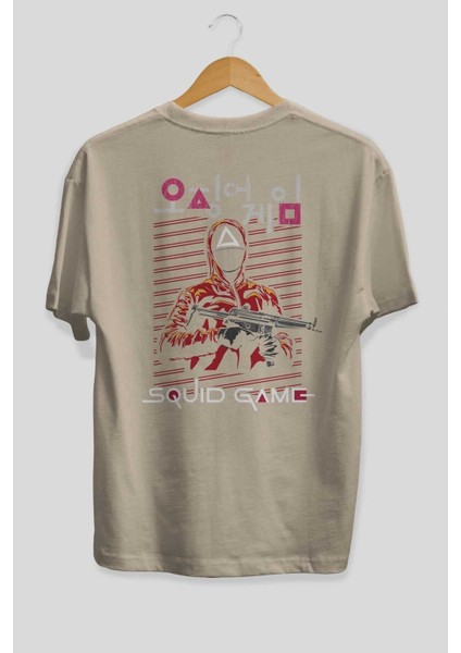 Squid Game (2) Arka Baskılı Bej Oversize T-Shirt Bisiklet Yaka Pamuk Erkek Kadın fiyatları