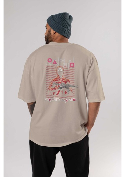 Squid Game (2) Arka Baskılı Bej Oversize T-Shirt Bisiklet Yaka Pamuk Erkek Kadın fırsatları