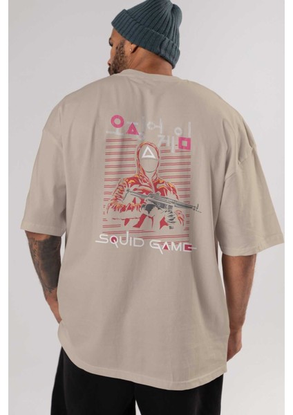 Squid Game (2) Arka Baskılı Bej Oversize T-Shirt Bisiklet Yaka Pamuk Erkek Kadın indirimleri
