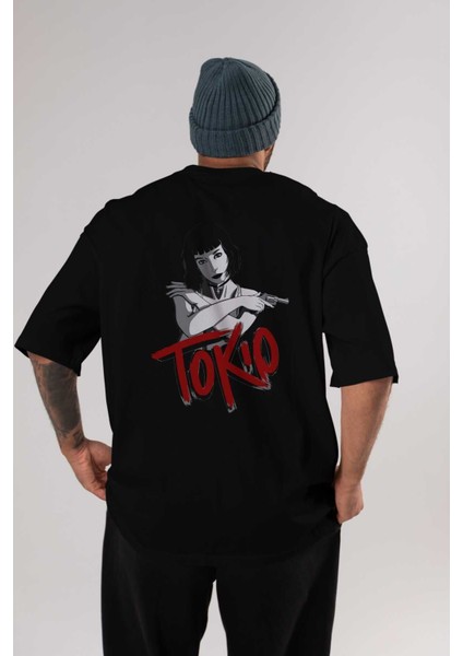 La Casa De Papel (10) Arka Baskılı Siyah Oversize T-Shirt Bisiklet Yaka Pamuk Erkek Kadın