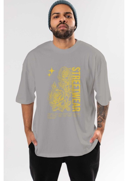 Minimalist Streetwear Ön Baskılı Gri Oversize T-Shirt Unisex Erkek Kadın Bisiklet Yaka