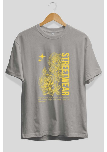 Minimalist Streetwear Ön Baskılı Gri Oversize T-Shirt Unisex Erkek Kadın Bisiklet Yaka fiyatları