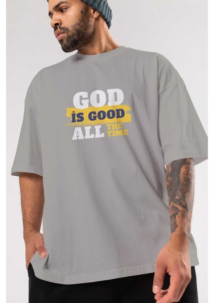God Is Good Yazılı Ön Baskılı Gri Oversize T-Shirt Unisex Erkek Kadın Bisiklet Yaka modelleri