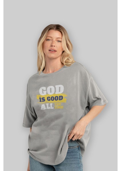 God Is Good Yazılı Ön Baskılı Gri Oversize T-Shirt Unisex Erkek Kadın Bisiklet Yaka fırsatları