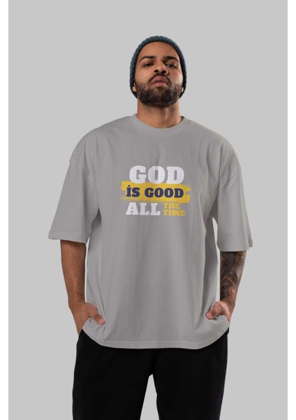 God Is Good Yazılı Ön Baskılı Gri Oversize T-Shirt Unisex Erkek Kadın Bisiklet Yaka indirimleri
