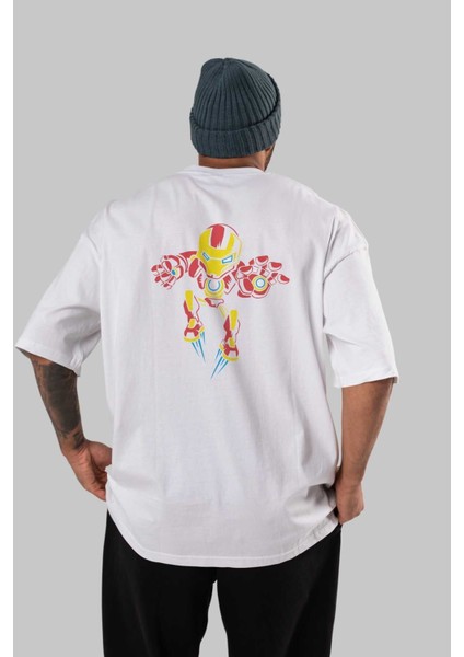 Iron Man (1) Arka Baskılı Beyaz Oversize T-Shirt Bisiklet Yaka Pamuk Erkek Kadın